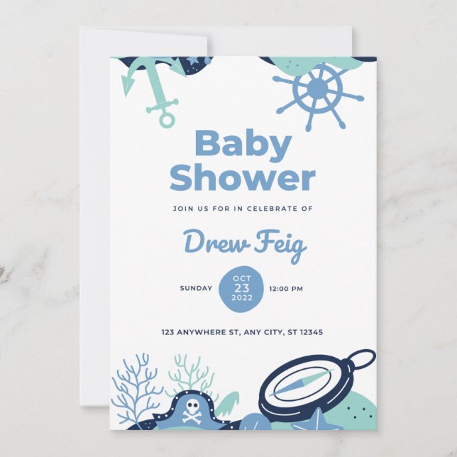 Bleu blanc Cute Baby shower marin Invitation (Devant)