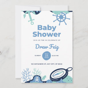 Bleu blanc Cute Baby shower marin Invitation