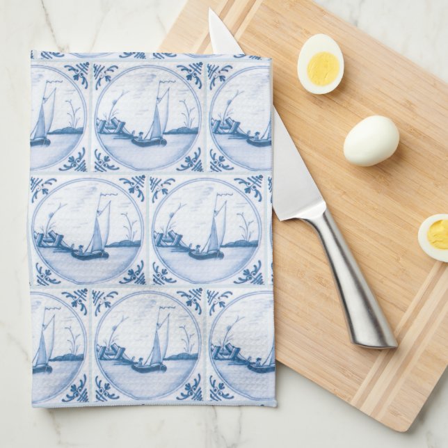 Bleu Blanc Delft Sailboat Motif Serviette de cuisi (Quart Plié)