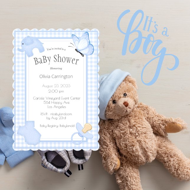 Bleu blanc En vichy Baby shower garçon Invitation (Créateur téléchargé)