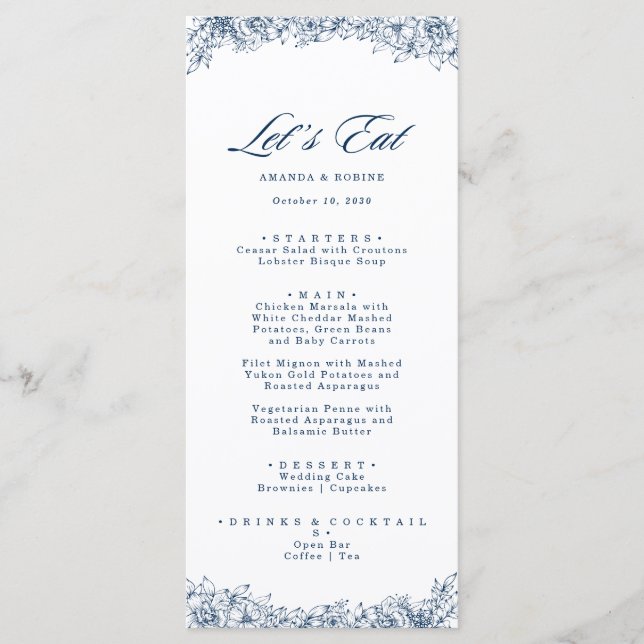 Bleu Blanc Fleur Élégant Menu Mariage (Devant)