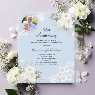 Bleu blanc floral photo 25e faire-part de mariage