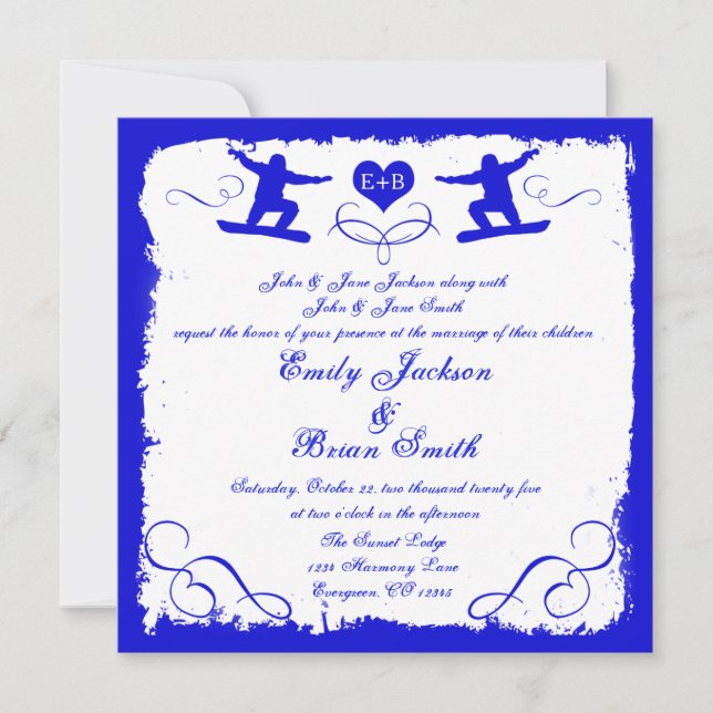 Bleu blanc grunge snowboarder invitations mariage (Devant)
