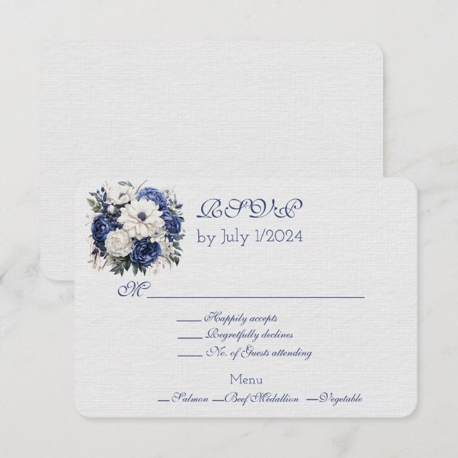 Bleu blanc Mariage Bouquet Carte de réponse (Devant / Derrière)