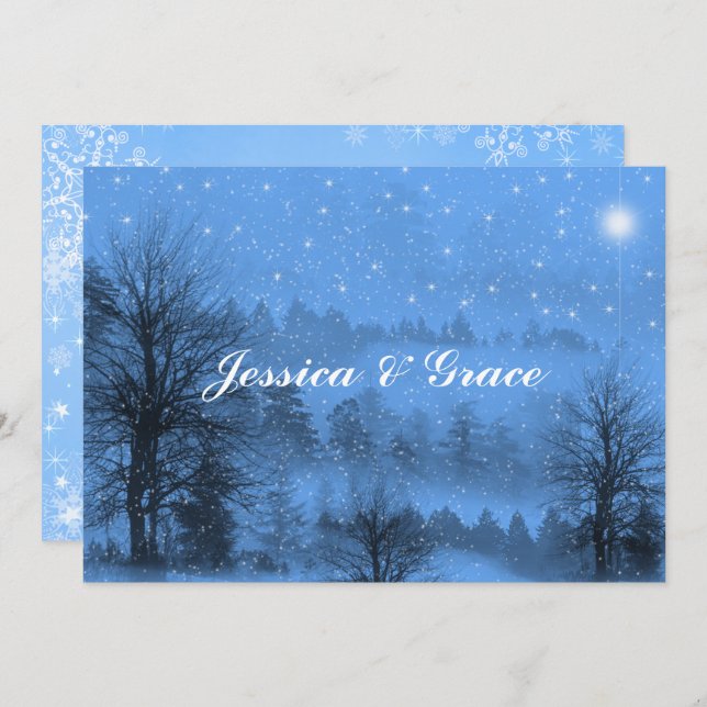 Bleu Blanc Mariage hiver Invitation (Devant / Derrière)