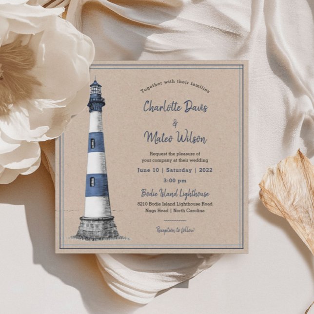 Bleu Blanc Phare Kraft Faire-part de mariage (Créateur téléchargé)