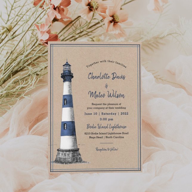 Bleu Blanc Phare Kraft Faire-part de mariage (Créateur téléchargé)
