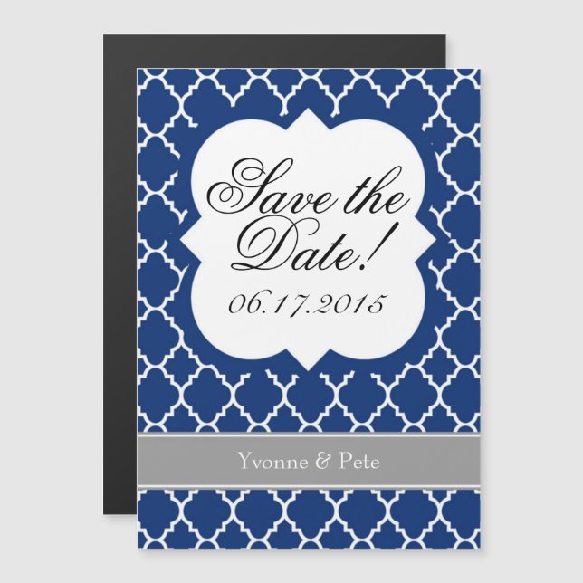 Bleu Blanc Quatrefoil Sauvez Le Magnet De La Date (Devant / Derrière)