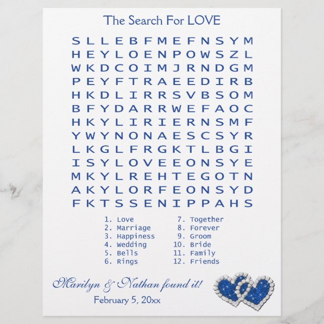 Bleu, Blanc "Recherche d'amour" Wordsearch Jeu (Devant)