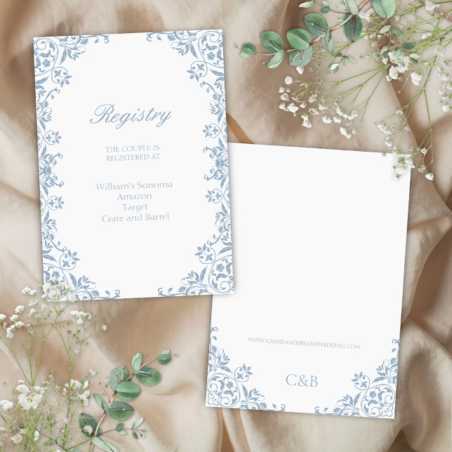 Bleu Blanc Simple Mariage Registre Carte de boîtie (elegant blue and white wedding registry invitation enclosure cards for regency era vintage events)