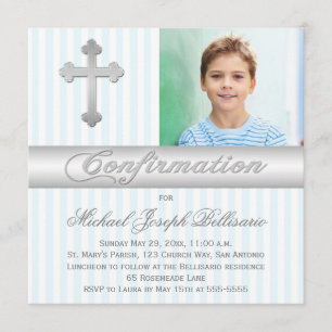 Bleu Blanc Stripes Confirmation Photo Invitation