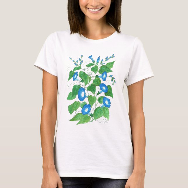 Bleu, Blanc, T-shirt Dames Vertes, Morning Glories (Devant)