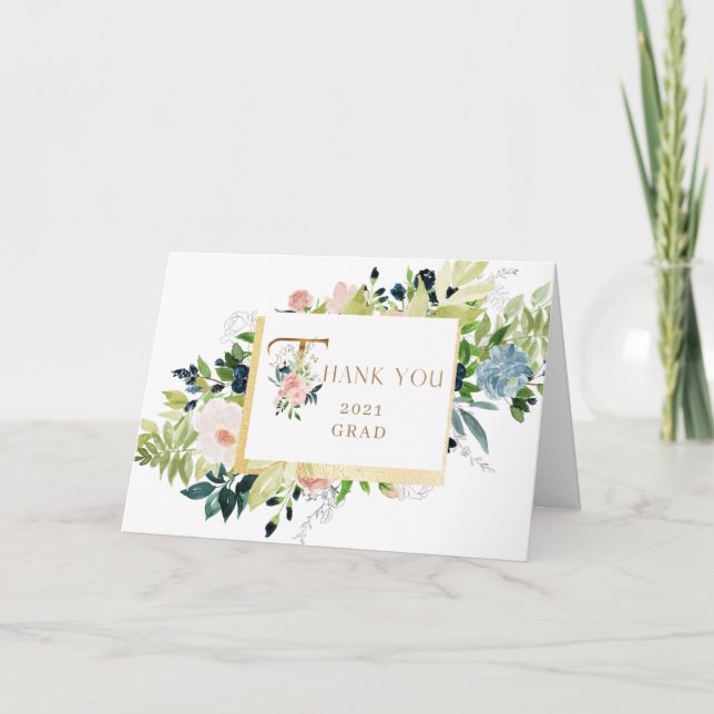 bleu bleu floral Photo Graduation Carte de remerci (Devant)