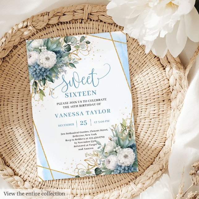 Bleu bleu foncé Bleu Pies Douce 16 Invitations (Classy Dusty Blue White Peonies Sweet 16 Invitation)