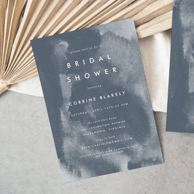 Bleu Boho Aquarelle nuptiale douche Invitation (Blue watercolor wash modern boho bridal shower invitation.)