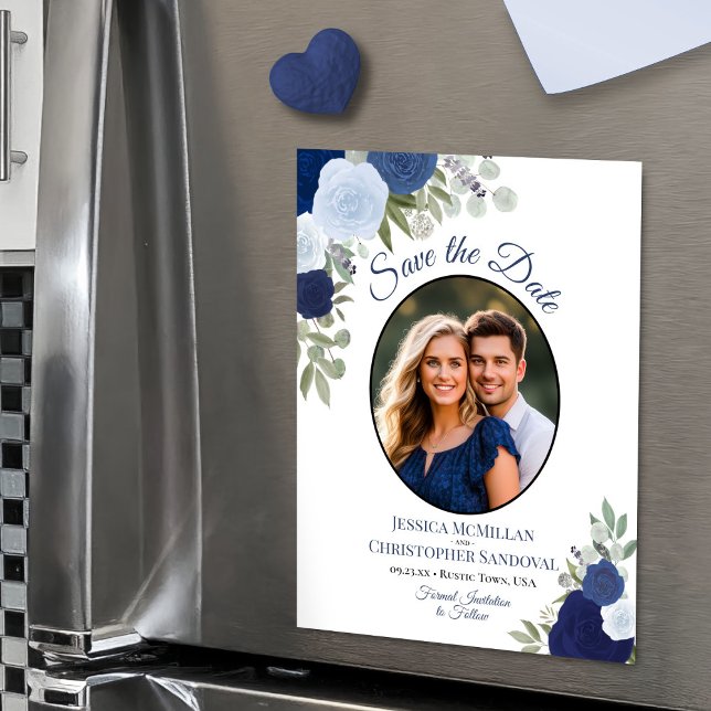 Bleu Boho Fleurs & Photo Mariage Carte de réservat (Magnetic Card for Easy Display!)