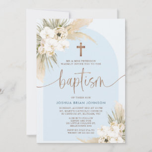 Bleu Boho Floral Arch Boys Baptême Invitation