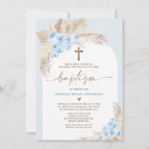 Bleu Boho Floral Arch Boys Baptême Invitation