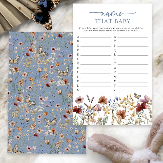 Bleu Boho : Trouvez le nom de ce bébé (Dusty Blue Boho Floral Name That Baby Game Card with Butterfly by Painted Paperie
)