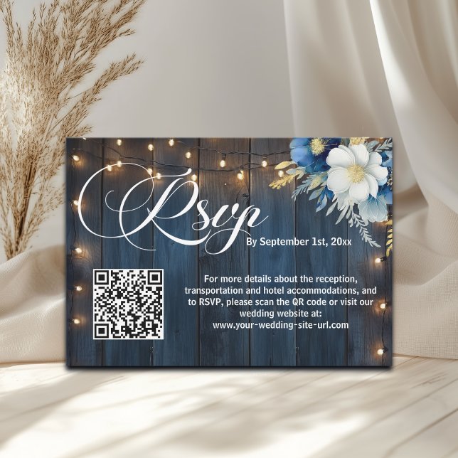 Bleu Bois Chaîne Lumières QR Code Mariage RSVP (Créateur téléchargé)