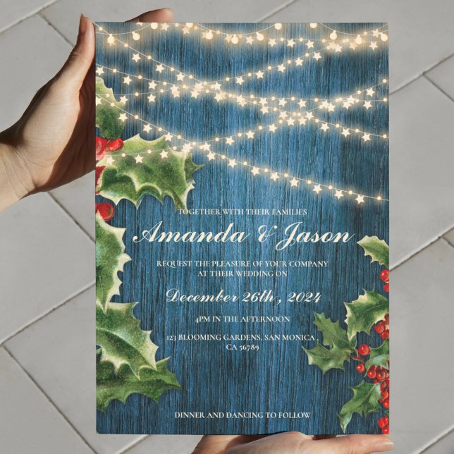 Bleu Bois clair Berry faire-part de mariage de Noë (Blue Wood Light Berry Christmas wedding Invitation)