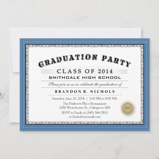 Bleu Border Diploma Style Grad Party Invitation (Devant)