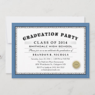 Bleu Border Diploma Style Grad Party Invitation
