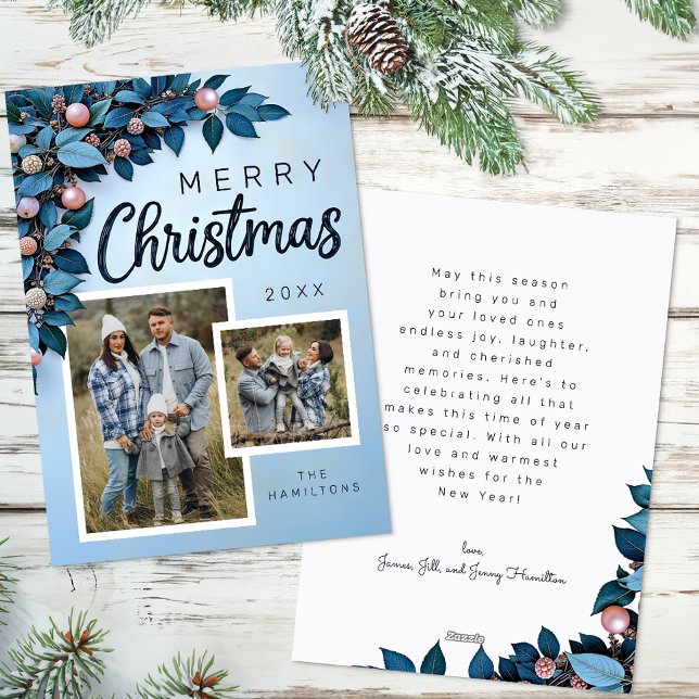Bleu Botanique 2 Photo Carte de Noël (Blue Christmas Card)