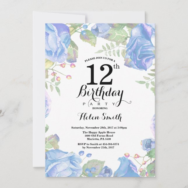 Bleu botanique Floral 12e anniversaire Invitation (Devant)