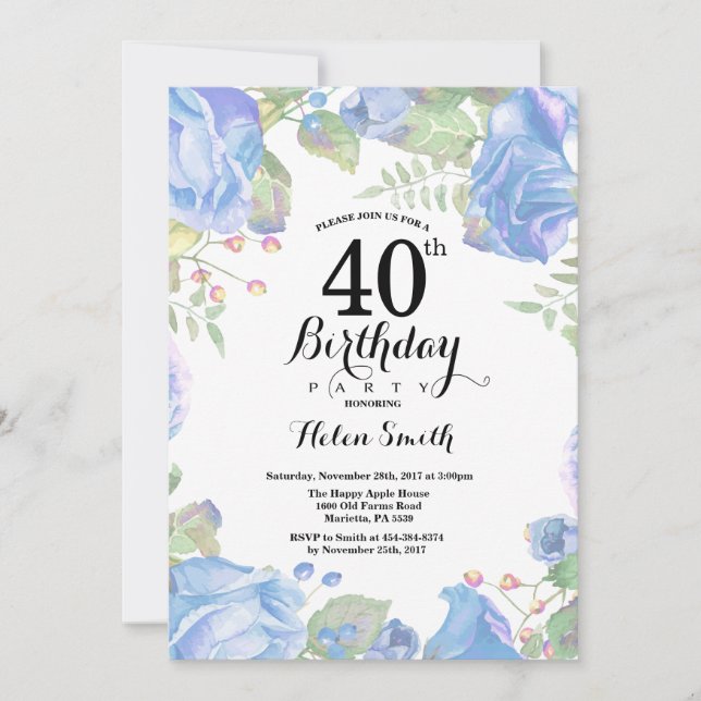 Bleu botanique Floral 40e anniversaire Invitation (Devant)