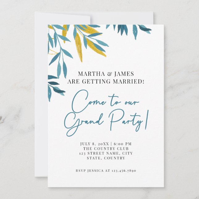 Bleu Botanique Grand Mariage Invitation (Devant)