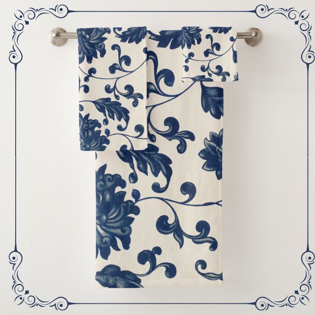 Bleu botanique vintage + Floral Motif blanc (Elegant blue + creamy white vintage swirling floral pattern towels to freshen up your bathroom décor)