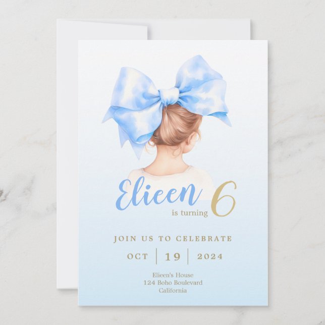 Bleu Bow fille Invitation d'anniversaire (Devant)