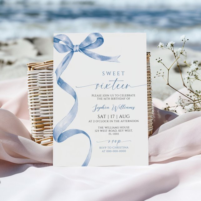 Bleu Bow Sweet 16 Anniversaire Invitation (Créateur téléchargé)