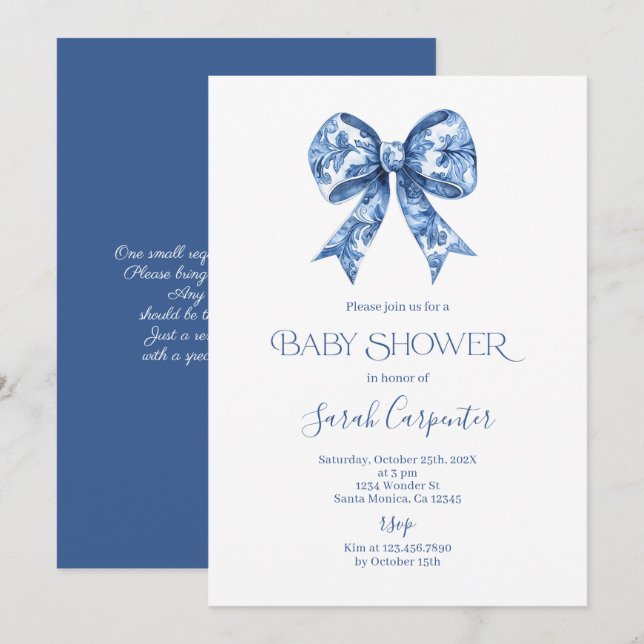 Bleu Bow Toile Baby shower garçon Invitation (Devant / Derrière)