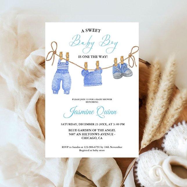Bleu Boy Vêtements Bohème Baby shower Invitation (Créateur téléchargé)