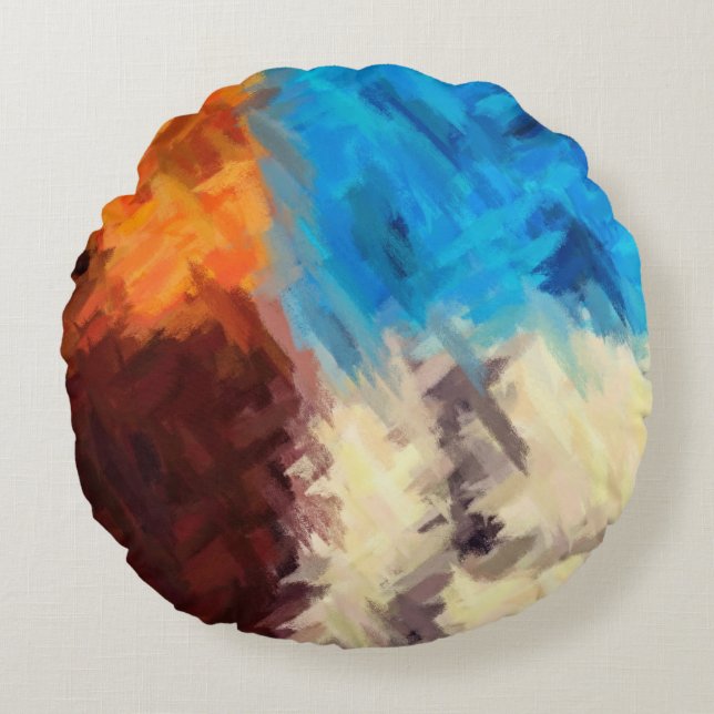 Bleu Brown orange Abstrait peinture Coussin rond (Devant)