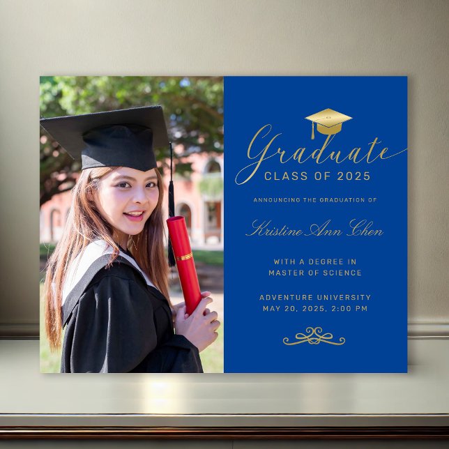 Bleu Budget Gold Formal Script Photo Graduation (Budget Blue Gold Formal Script Photo Graduation)