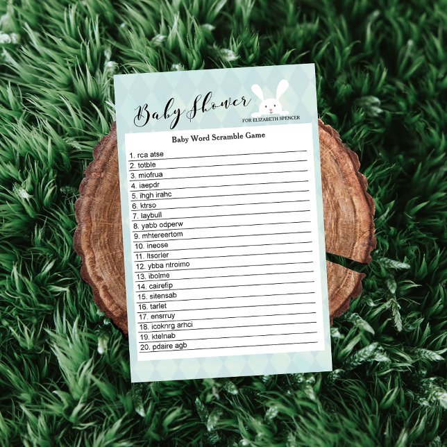 Bleu Bunny Baby shower Mot Début Jeu Carte (Créateur téléchargé)