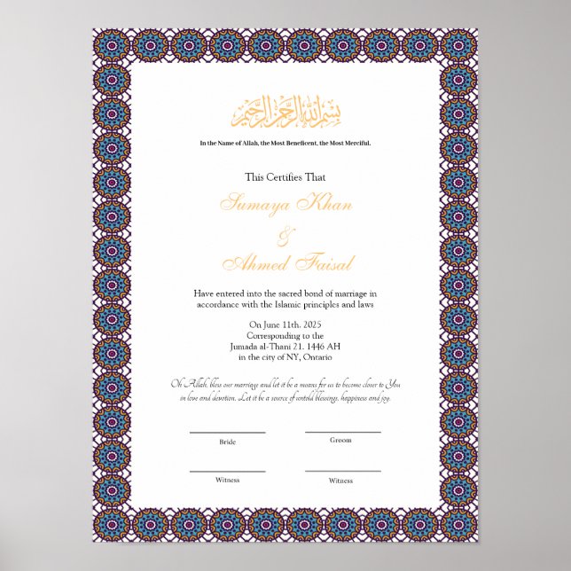 Bleu cadre musulman nikkah certificat poster (Devant)