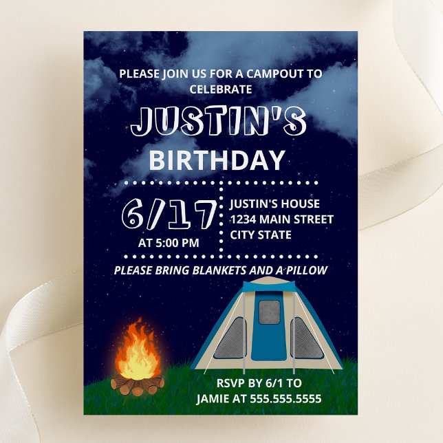 Bleu Camp out Anniversaire Fête Invitation (Créateur téléchargé)