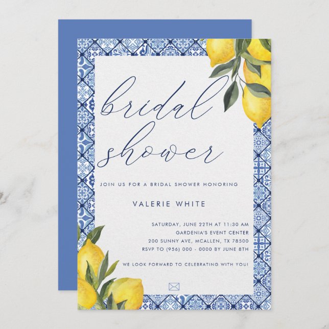 Bleu Carrelage Citron Douche nuptiale Invitation (Devant / Derrière)