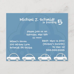 Bleu Cars Card Invitations pour l'anniversaire du