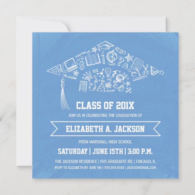 Bleu Chalkboard Graduation Invitation avec photo (Devant)