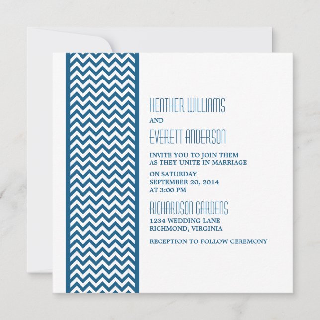 Bleu Chevron Bordure Mariage Invitation (Devant)