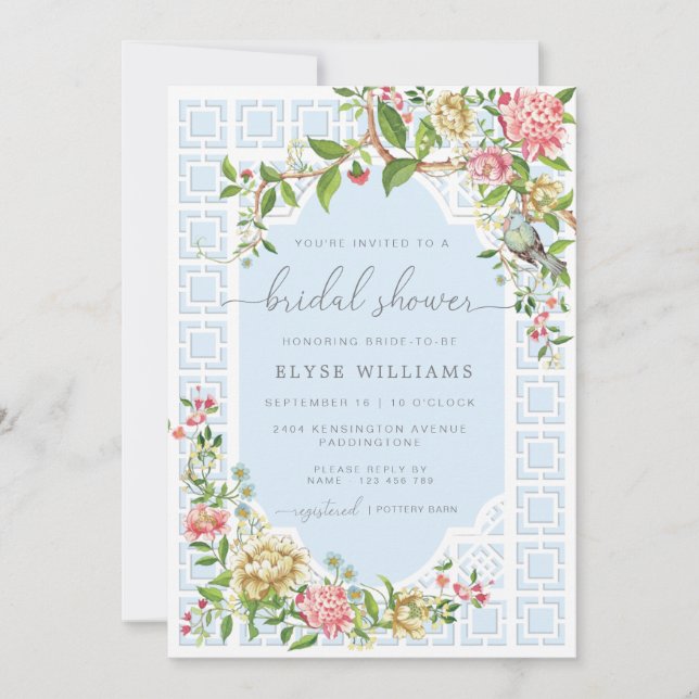 Bleu Chinoiserie Bridal Douche Trianon Invitation (Devant)