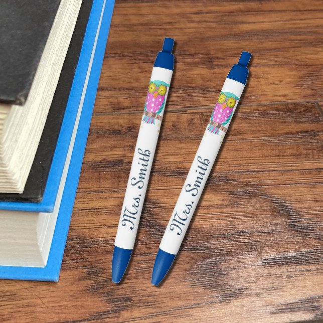 Bleu Chouette aux yeux fleuris stylo d'enseignant perso (Créateur téléchargé)