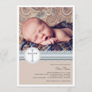 Bleu ciel  Invitation au Christening Photo Beige