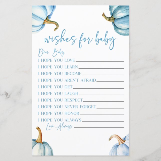 Bleu Citrouille Chute des voeux pour Baby shower j (Devant)