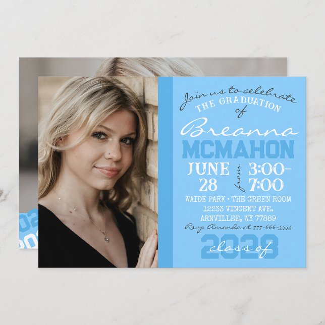 Bleu clair 2 tonique Graduation 2 Photo Invitation (Repeating Class Year 1 & 2 Photo Graduation Invitations & Announcements)